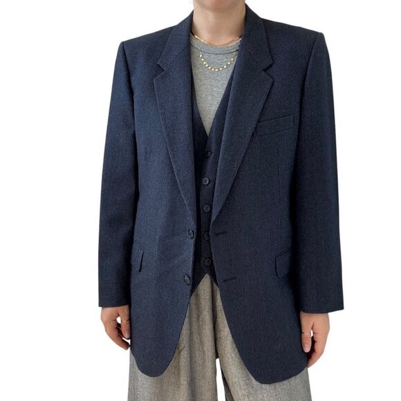 Vintage 1970s Yves Saint Laurent YSL Navy Blue Wool 3 Piece Blazer Suit Set 40R - Picture 3 of 13